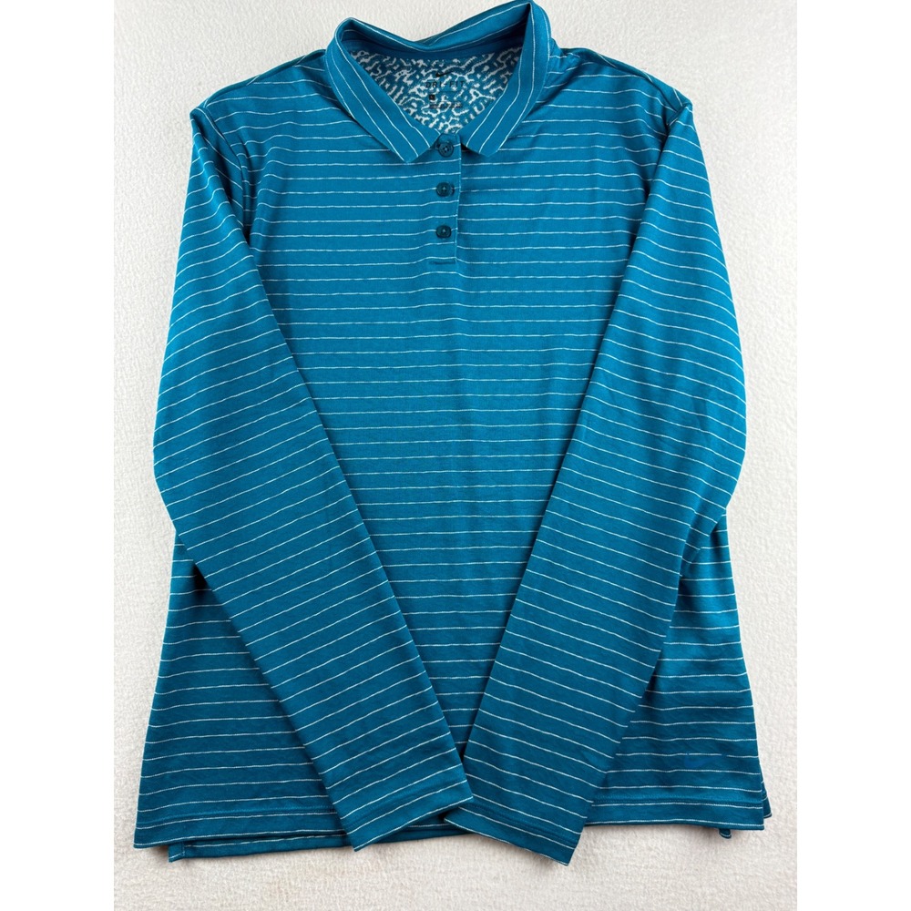 Nike Dri-FIT Womens Long Sleeve Polo Shirt Teal Blue Striped Size Large L